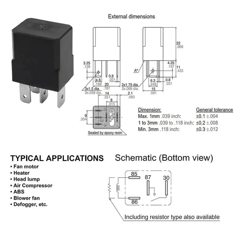 Diagram and dimensions of Drop In Nissan Compatible 12V DC Power Relay, 4 Pin, Beefy 35A Automotive Relay For General Purpose Switching