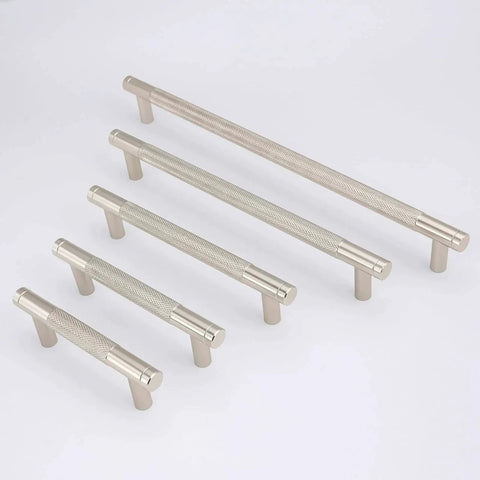 10 Pack 5 Inch Center To Center Brushed Satin Nickel Knurled Cabinet Handles in various sizes on display