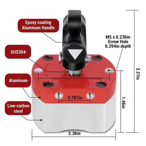 180 Lb On Off Magnetic Welding Holder And Switch Magnet Lifting And Positioning; front view with measurements and material labels