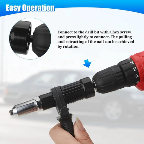 Pro Grade Car Cordless Rivet Gun Adapter Kit For Drill Universal Riveting Tool with rivet head and drill attached
