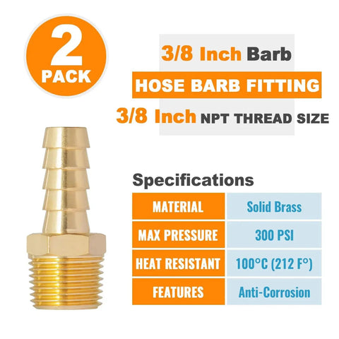 3/8 NPT Brass Hose Barb Fittings 3/8 Inch Barbed Air Line Connectors 2 Pack with product specifications