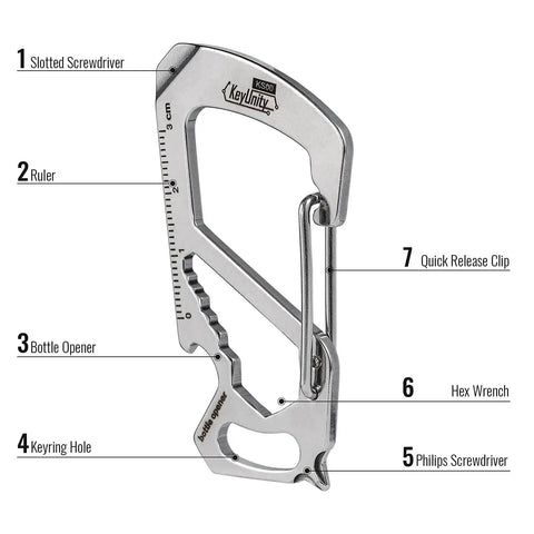 Stainless Steel 7 Tool Carabiner Clip Multitool With Quick Release Clasp Wrench Cross And Slotted Screwdrivers Bottle Opener Ruler And Key Holder