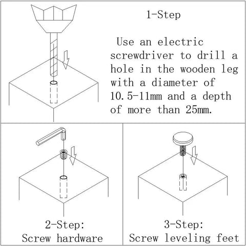 Installation steps for Heavy-Duty 5/16 Inch Threaded Leveling Feet For Furniture, showing how to drill and install hardware.