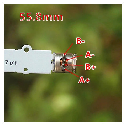 Close-up of wiring connections on 50mm Precision Screw Slide Stepper Linear Actuator for CNC and Robotics, labeled A+, A-, B+, and B-