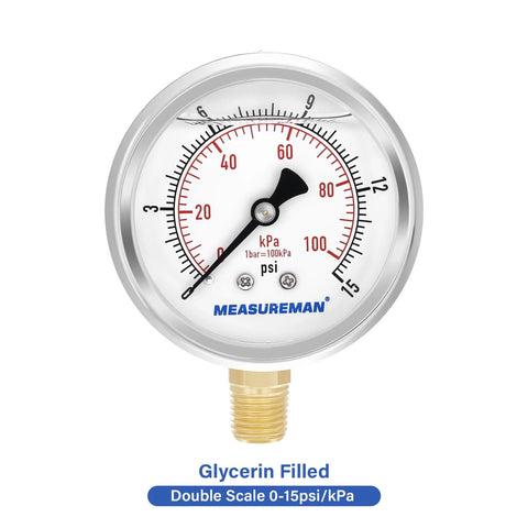 MeasureMan glycerin-filled pressure gauge, double scale 0-15 psi / 0-100 kPa, brass threaded inlet, front view.