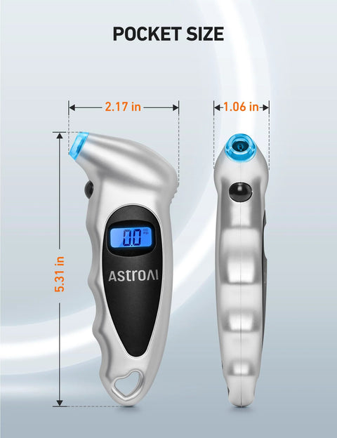 AstroAI digital tire pressure gauge, silver, 2-pack with blue backlit LCD display