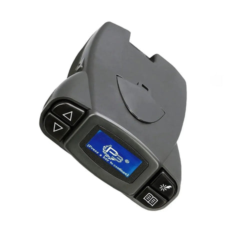 Front view of ZDKK 90195 universal electric trailer brake controller, gray body with blue LCD display and two arrow buttons.