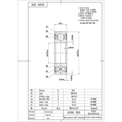 PGN 6200-2RS bearing technical drawing, deep groove ball bearing, chrome steel, 10x30x9 mm, rubber seal