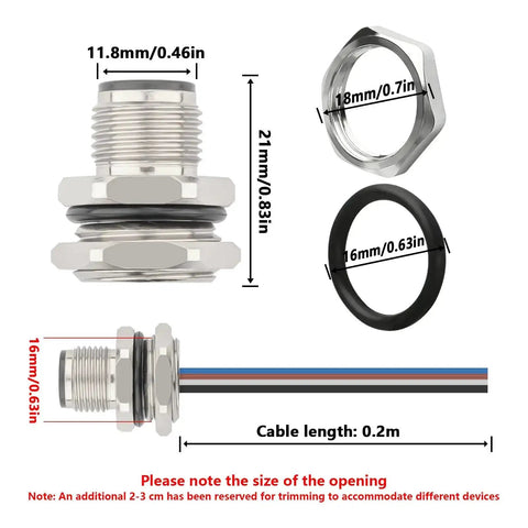 Dimensions of M12 12 Pin A Code Male Aviation Connector Cable 0.2M with back mount design, including measurements and threading details.