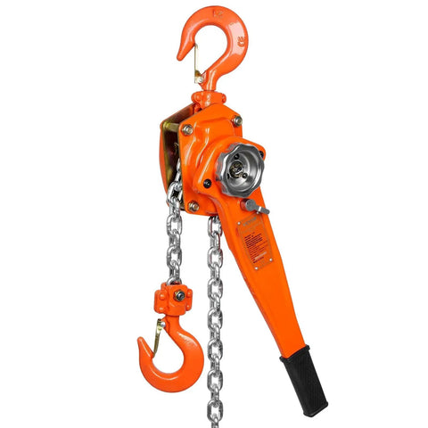 1.5 Ton Manual Lever Chain Hoist With Double-Pawl Brake 10 Ft Lift, orange carbon steel frame with chain and hooks displayed
