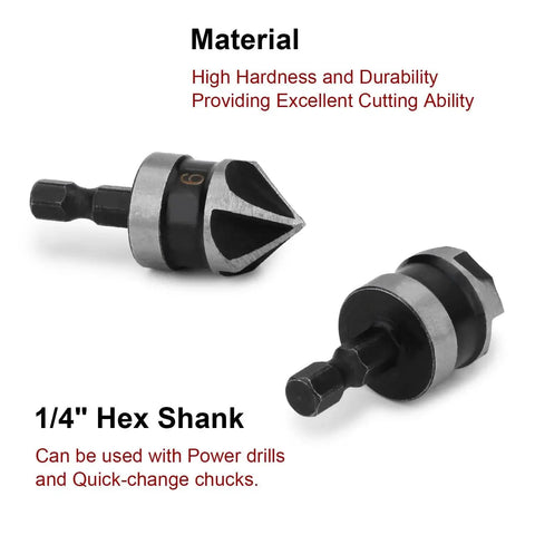 Countersink Drill Bit Set For Wood And Metal, Three Piece Quick Change Hex Shank Quarter Inch Bits In 12, 16 And 19 MM, Five Flute 90 Degree Chamfering Countersink Bits, Built Tough With High Carbon Steel For Long Lasting Durability And Smooth Chip.