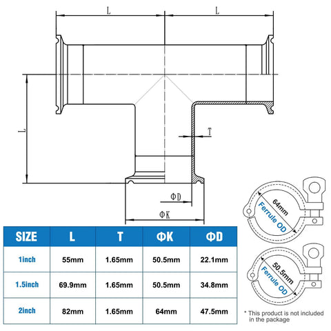 JMCOLMT 1.5" tri-clamp sanitary tee, stainless 304, polished; dimensioned drawing shows L, T, ΦK, ΦD.