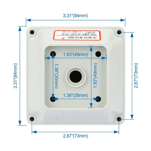 Top view of SZW26 20 4 L Cam Switch Enclosure Weatherproof Box with dimensions labeled, showing 3.31x3.31x2.87 inch size
