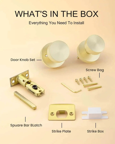 Brushed Gold Privacy Door Knobs Set showing components: knobs, latch, screws, strike plate and box for bedroom and bathroom installation.