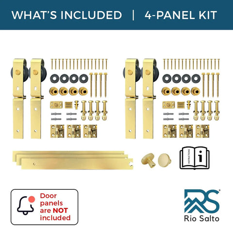 Gold Bi Fold Barn Door Hardware Kit with Heavy Duty Metal Track System and Matching Knobs, 4 panel kit components shown
