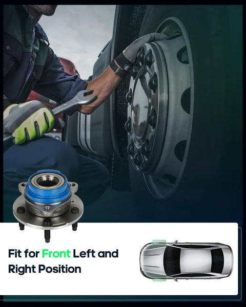 Mechanic installing 2X Front Wheel Hub And Bearing Assembly Set for GM cars, visible hub and vehicle diagram, non-ABS, 5-lug