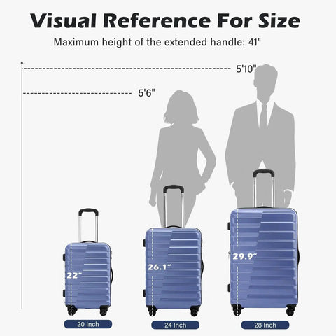 Visual size comparison of Three Piece Hard Shell Luggage Set With Spinner Wheels And Expandable Large 28 Inch Suitcase in bright blue.