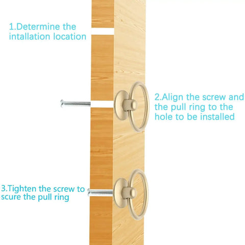 Installation steps for 12 Piece Vintage Drop Ring Cabinet Pulls Set In Gold Finish 44mm Outer Diameter, showing screws and alignment.