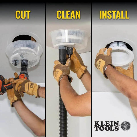 Pro Grade Adjustable Hole Saw Cutter for Drywall and Ceiling Tiles with Dust Bowl and Vacuum Port in use