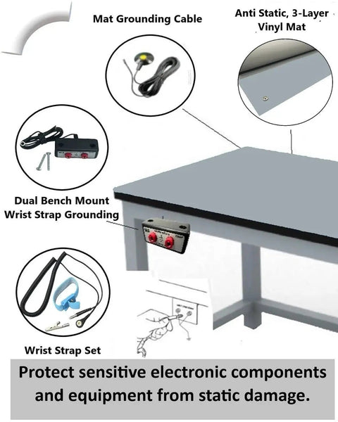 Image showing Groundhug By Scientific Americas ESD Anti Static Mat with 3-layer vinyl and accessories on a workbench.