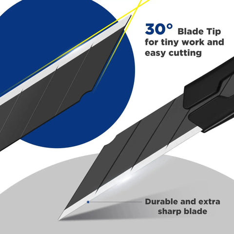 Close-up of Retractable Utility Knife With 10 Extra 9mm Blades And Aluminum Cutter Pack 5, highlighting sharp blade tip.