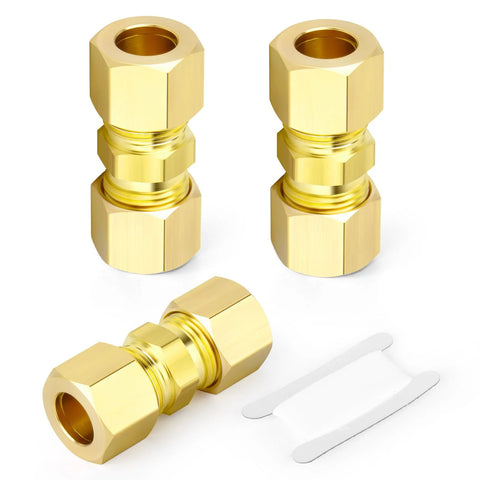 Brass compression tube union fittings, 3/4 in x 3/4 in, set of three with hex nut bodies