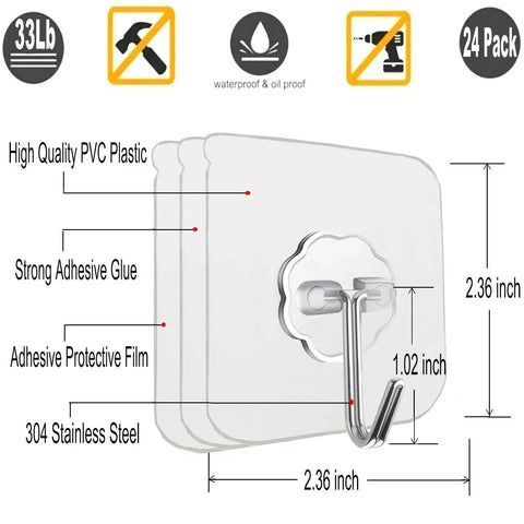 Heavy Duty Self Adhesive Hooks 33Lb Max Transparent Waterproof Wall Hooks for Keys Bathroom, showing dimensions and material