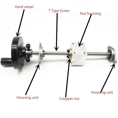 T8 Lead Screw Set with Hand Wheel and Trapezoidal Screw Rod 400mm with Brass Nut Anti Backlash, ideal for CNC machines and 3D printers.