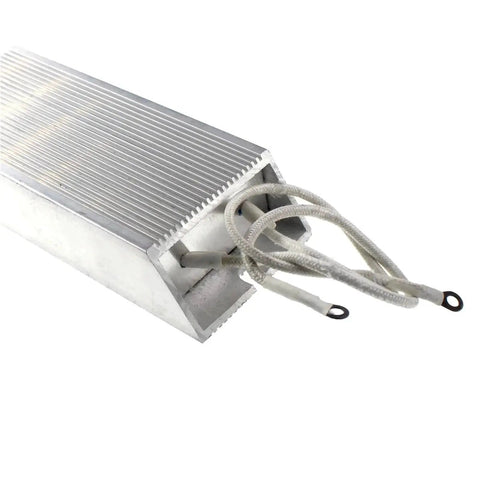 Aluminum finned power resistor with braided leads and ring terminals for automotive braking systems.