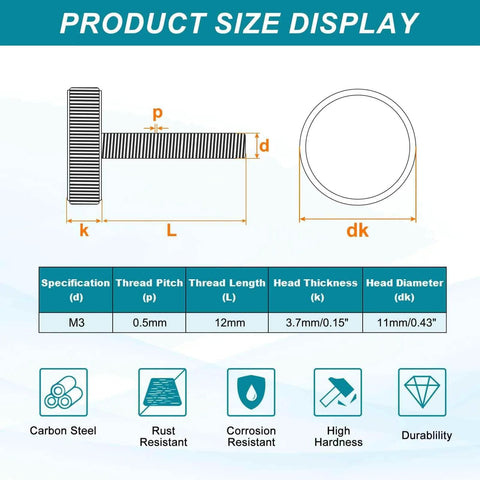 Technical diagram and specifications for Knurled Thumb Screw Set 20 Pieces M3 X 12mm Black Steel Flat Head