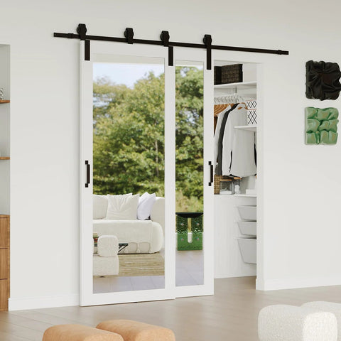 Space Saving Bypass Barn Door Set 60 By 84 Inches With Dual 30 By 84 Panels Single Track For Double Mirror Doors MDF Painted White Six Foot Sliding Hardware Kit No Fuss Easy DIY Install Modern Quiet installed in living room