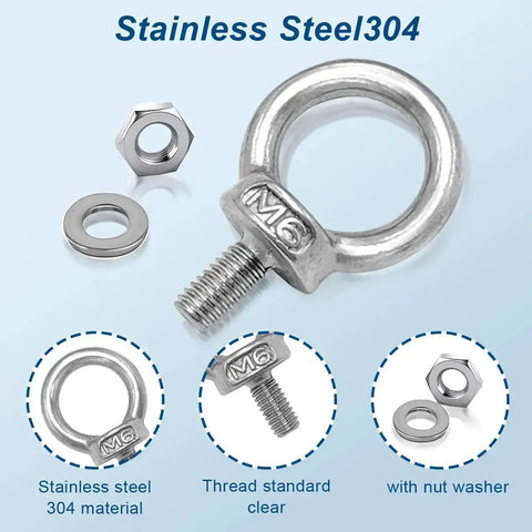 Ten Piece M6 Eye Bolts With Nuts Stainless Steel Lifting Eyebolts UNC Heavy Duty Marine Grade Shoulder Ring Eyebolts, close-up view