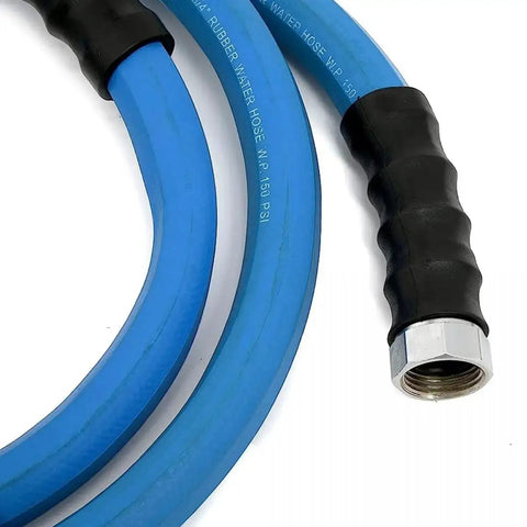 Ultra Lightweight Rubber Farm Hose For Ranch Work Three Quarter Inch By Fifteen Feet, 500 PSI, blue hose with brass fitting