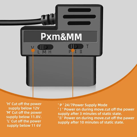 Dash Cam Constant Power Cable With OBD II Adapter showing voltage cut-off settings and operational modes.
