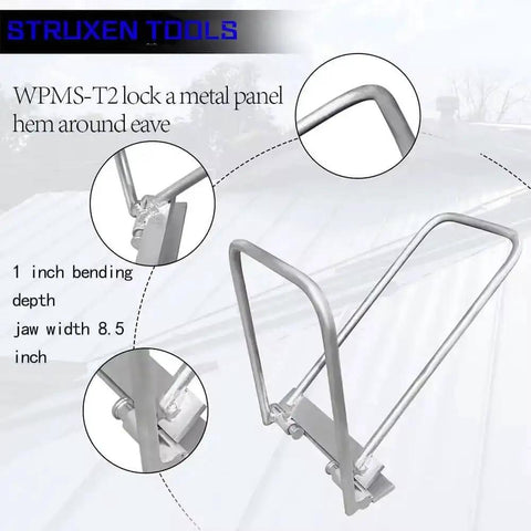Eaves Seam Locker WPMS-T5 tool close-up showing 1 inch bending depth and 8.5 inch jaw width on a metal roofing panel.