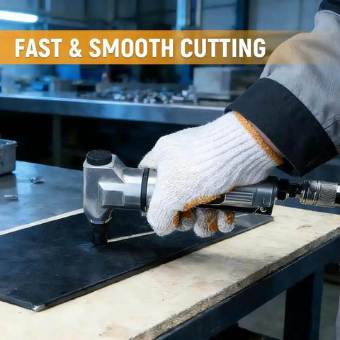 Air Nibbler Pneumatic Metal Cutter 3600 RPM cutting sheet metal, shown in use with gloved hand, in workshop setting