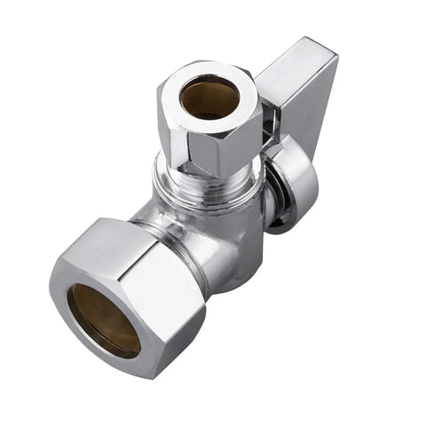 Two Pack Premium Brass Quarter Turn Water Angle Stop Valves With Half Inch Nominal Inlet And Five Eighths Inch OD To Three Eighths Inch OD Compression Outlets Chrome Plated Finish 150 PSI Rating Durable Shut Off For Faucets And Toilets
