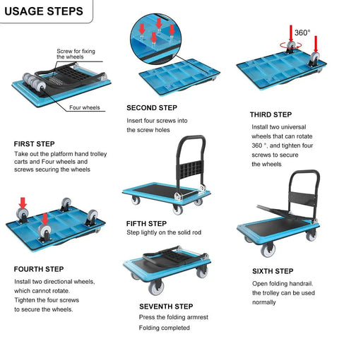 Assembly steps for the Heavy Duty Folding Push Cart Platform Trolley With Reinforced Beams And Four Quiet Thickened Rubber Wheels.