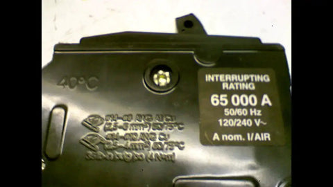 Close-up view of QOB220GFI Miniature Circuit Breaker 120 And 240 Volt 20 Amp GFI Molded Case with labeling details.