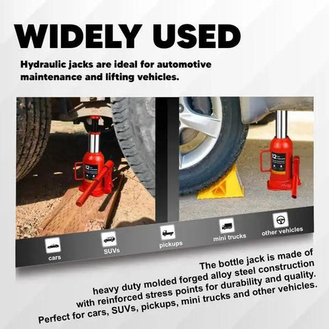 Two images of a 12 Ton Hydraulic Bottle Jack With Carrying Case lifting vehicles, showcasing durability and compact design in use.