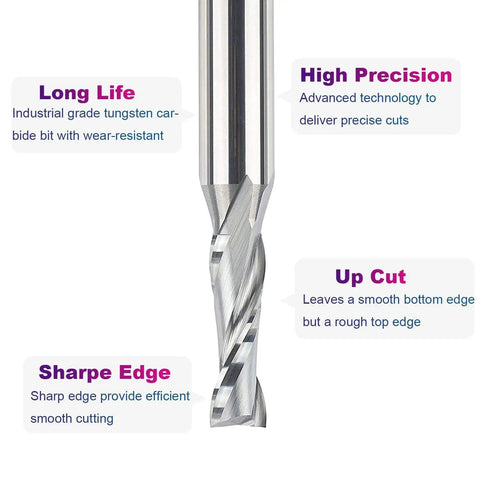 Upcut Spiral Router Bits For Woodworking, Three Eighths Inch Cutting Diameter, One Half Inch Shank, solid carbide CNC end mill with specifications