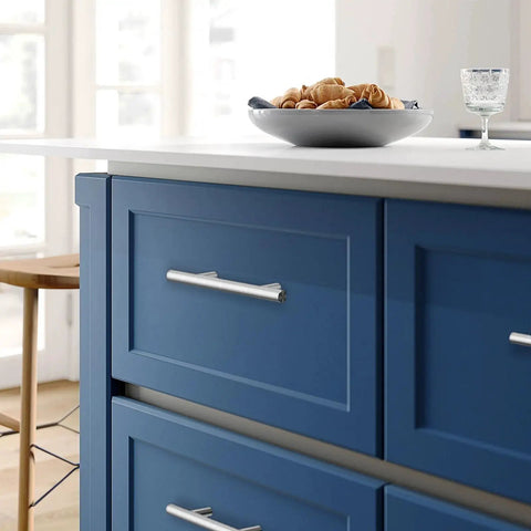 Blue kitchen cabinets with installed 40 Pack Brushed Nickel Stainless Steel Kitchen Cabinet Handles Drawer Pulls, 5 Inch Length With 3 Inch Hole Center