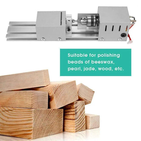 Handy Compact Wood Lathe For DIY Projects In Your Home Workshop Tabletop Mini Lathe For Wood Turning 24V DC 100W 7 Speeds Aluminum Alloy Acrylic Construction Portable 310x60x70mm Includes 3 Hex Shanks By BACHIN with wood blocks for polishing beads of beeswax, pearl, jade, wood.