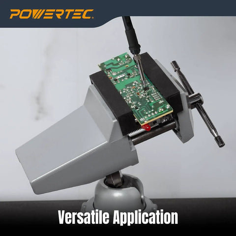 Vacuum Base Vise With Two And Three Quarters Inch Jaw used for soldering circuit board, showing 360 degree swivel head