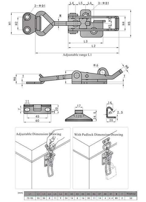 Adjustable 75 To 95mm Stainless Steel Cabinet Latch Lock With Lever Handle Toggle technical drawing and dimensions