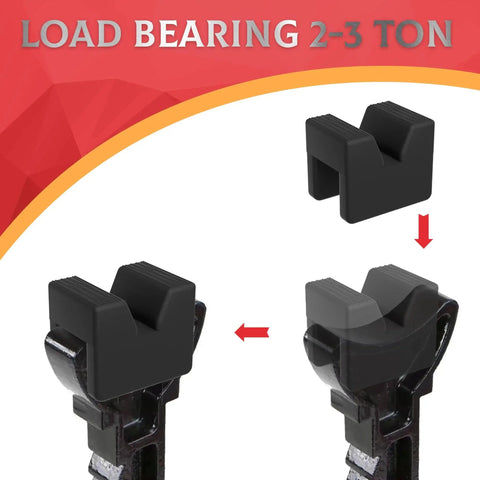 Four Pack Car Jack Pad Adapters For Jack Stands Rubber Slotted Frame Rails 3 Ton shown in black with load capacity