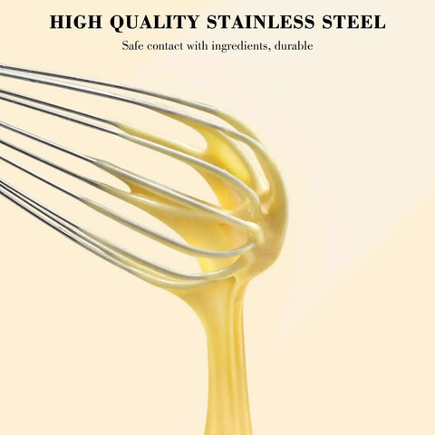 Close-up of Go-To Stainless Steel Balloon Whisk Set In 8 Inch, 10 Inch, And 12 Inch Sizes with batter, durable wire design.