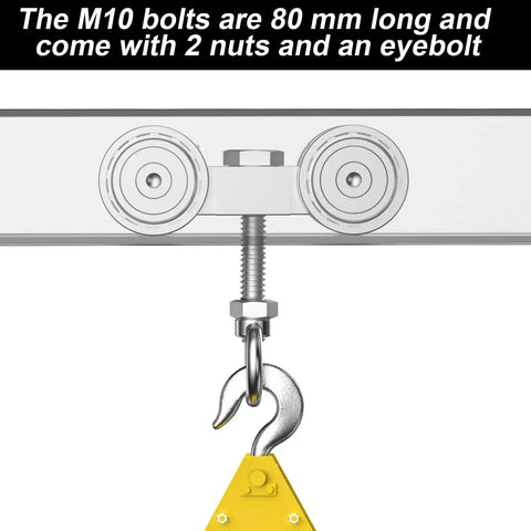 Four Wheel Trolley Assembly With Silent M10 Bolt And Nuts Including Lifting Eye Nut For One To Five Eighths Inch Wide Unistrut Channel