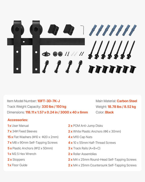Heavy Duty Sliding Barn Door Hardware Kit For 60 Inch Wide Doors Up To 330 Lbs With Thickness Range Between One And Three Eighths And One And Three Quarters Inches Thick, Durable Carbon Steel Track And J Shape Rollers In Black Finish, Quiet Operation components layout