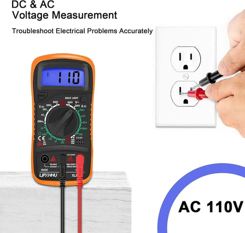 Digital Multimeter Voltmeter And Battery Tester With Backlit LCD For AC DC Voltage DC Current Resistance Continuity Diode Transistor HFE Test And Car Battery Check Includes Test Leads measuring AC voltage on a wall outlet.